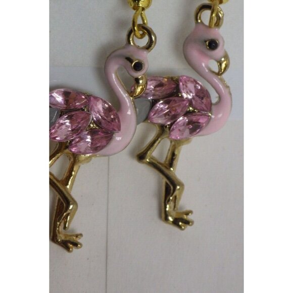 Pink Flamingo Rhinestone Earrings  Dangle Drop Hook Retro Boho Coastal Tiki - Picture 4 of 5